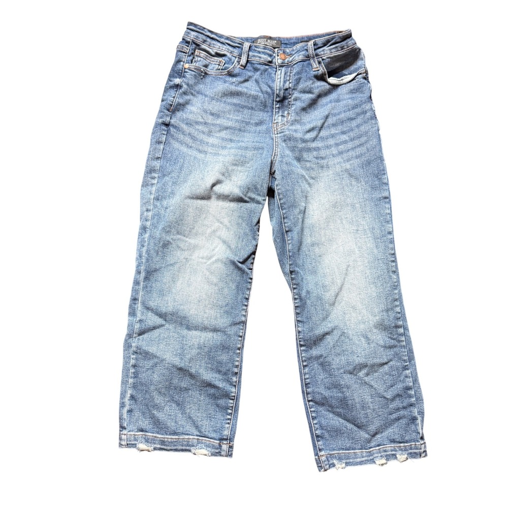 Judy Blue Wide Leg Crop Jeans Womens 11/30 Blue Distressed Raw Hem JB88592 Denim